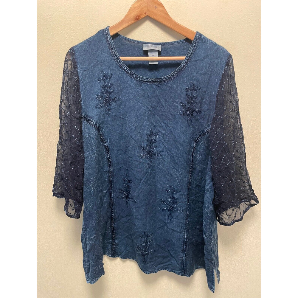 Catherines Womens Top Size 0X Blue Rayon Floral Embroidered Sheer Fairy Boho